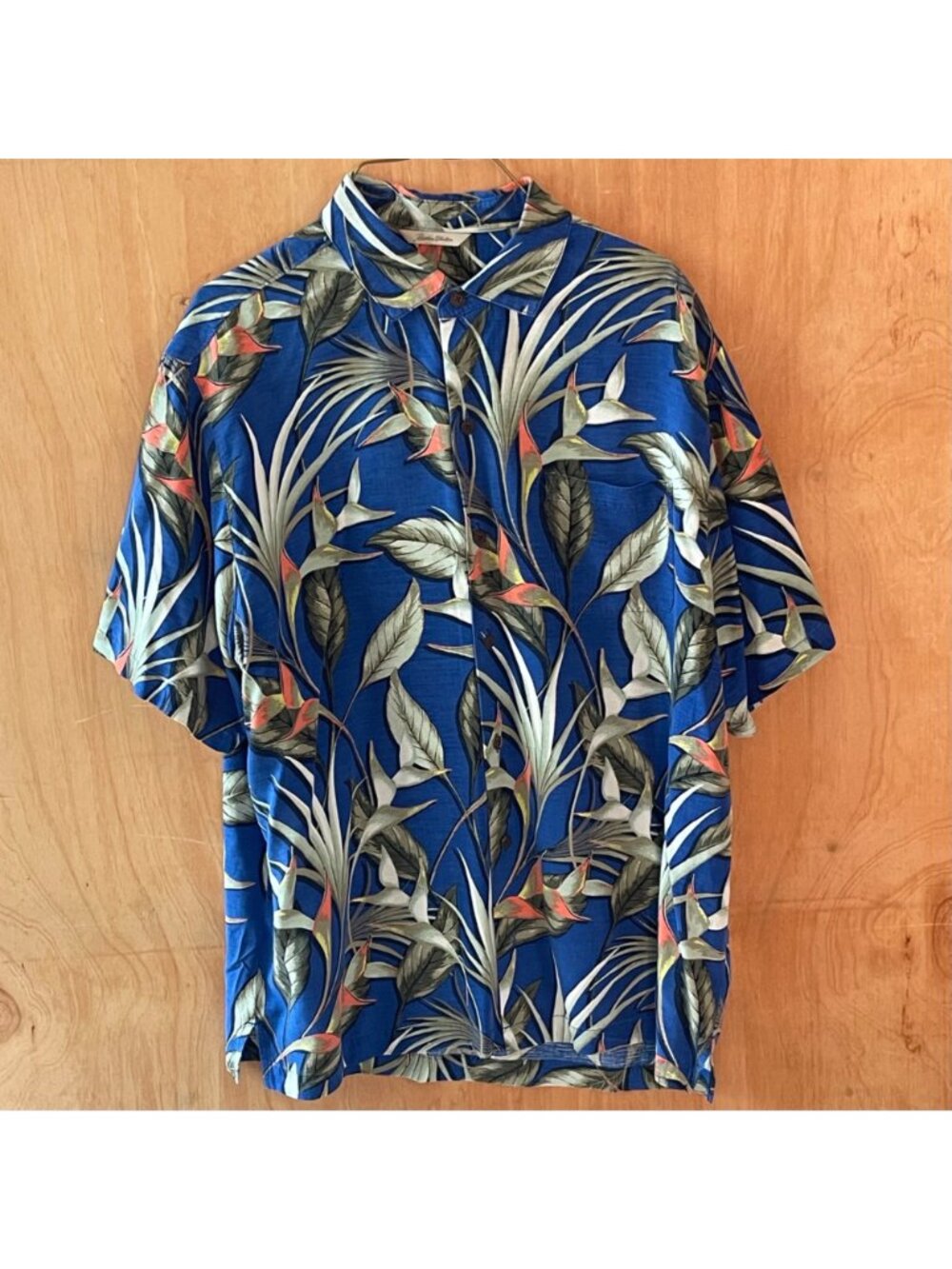 Men's Silk Shirt Paradise Collection Hawaiian Aloha Bird of Paradise Floral Lg